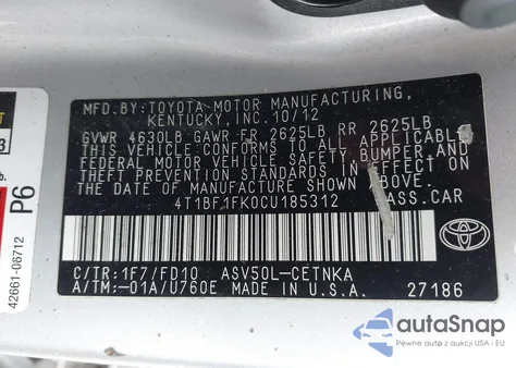 2012 Toyota Camry Le from USA, damaged, VIN 4T1BF1FK0CU185312